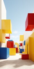 Obraz premium Vibrant colorful oversized blocks outdoor playground with geometric shapes, sunny sky background, playful modern design for children