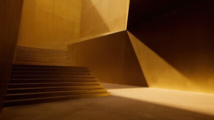 Obraz premium Abstract modern architectural interior with golden metallic wall geometric shapes and a staircase leading upwards in minimalistic style