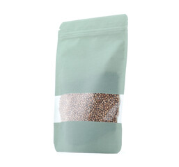 One zipper stand-up pouch with seeds isolated on white. Mockup for design