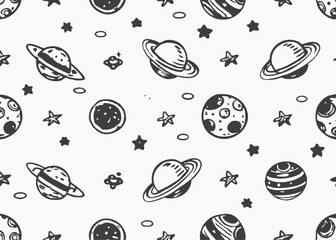 Space seamless pattern. black and white version Watercolor vector illustration
