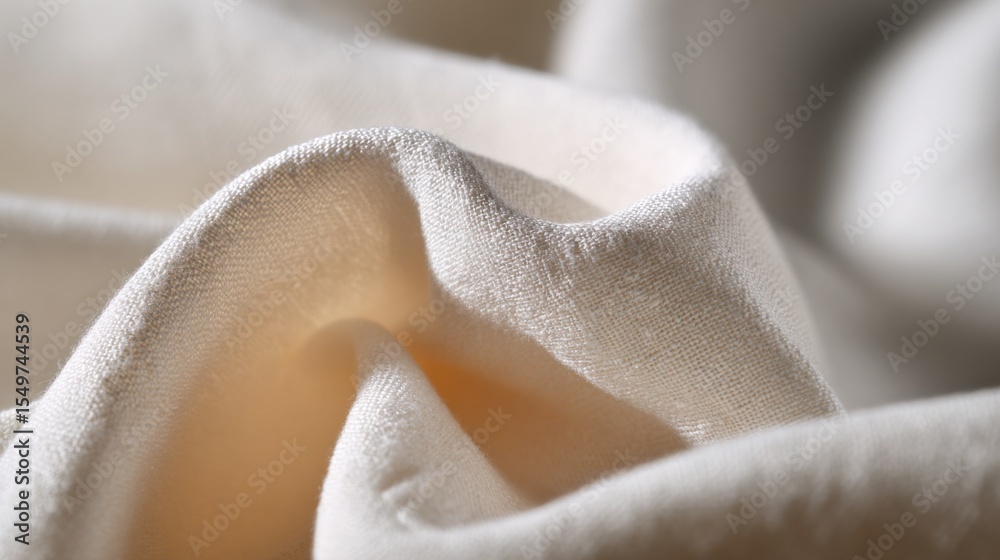 Aufkleber close-up view of a naturally textured soft beige cotton fabric with gentle folds and subtle shadows 