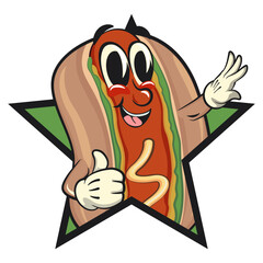 cute hot dog mascot cartoon vector illustration out from of a star by giving a thumbs up sign, funny fast food character isolated on transparent background, work of hand drawn