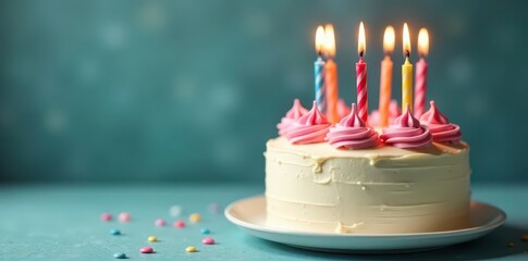 Vanilla buttercream birthday cake with colorful candles , birthday celebration, bakery, confectionery