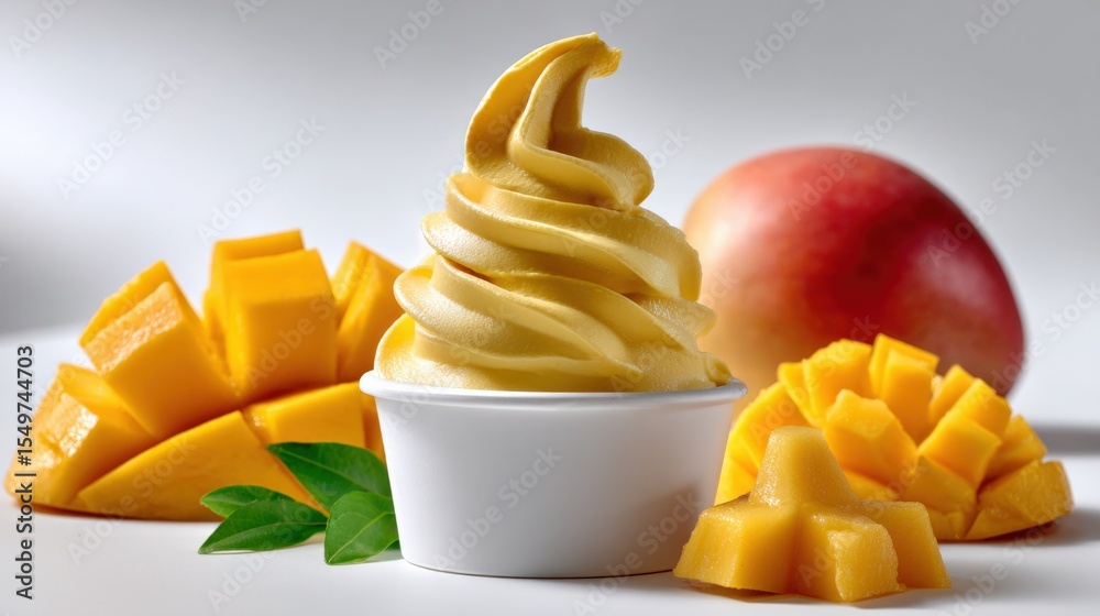 Poster cold creamy mango soft serve ice cream in a white cup surrounded by fresh mango slices and a ripe re