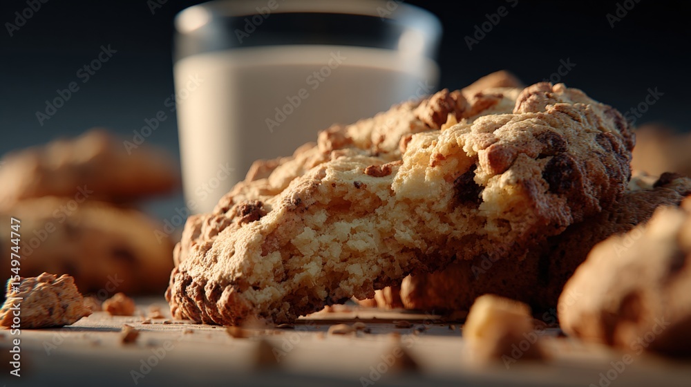 Poster close-up of a crunchy chocolate chip cookie with a glass of milk in the background on a dark surface