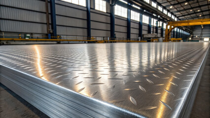 Shiny aluminum checker plate in large industrial warehouse, reflecting light and showcasing its textured surface