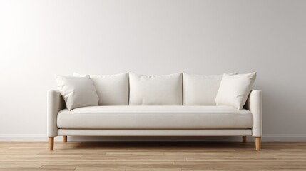 Fototapeta premium Modern minimalist white sofa with plush cushions and wooden legs in a bright living room setting, contemporary home furniture design