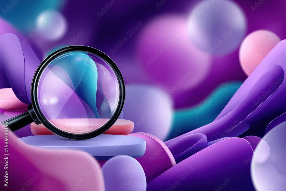 Poster Abstract colorful bokeh background with magnifying glass highlighting glowing spherical shapes and fluid forms in vibrant purple and pink hues