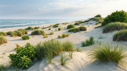 Serene coastal landscape with sandy dunes covered in green grass and shrubs, overlooking calm ocean under partly cloudy sky