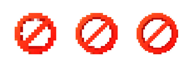 Three red pixel art warning signs in a retro 8 bit style, used for signals or alerts.