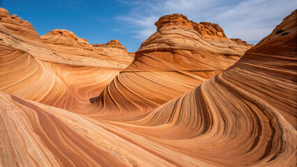 Stunning view of Wave sandstone formation with swirling patterns, vibrant orange hues, and clear blue sky, showcasing natural beauty