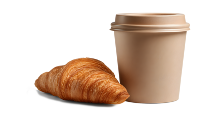 Paper coffee cup with croissant isolated on a white background