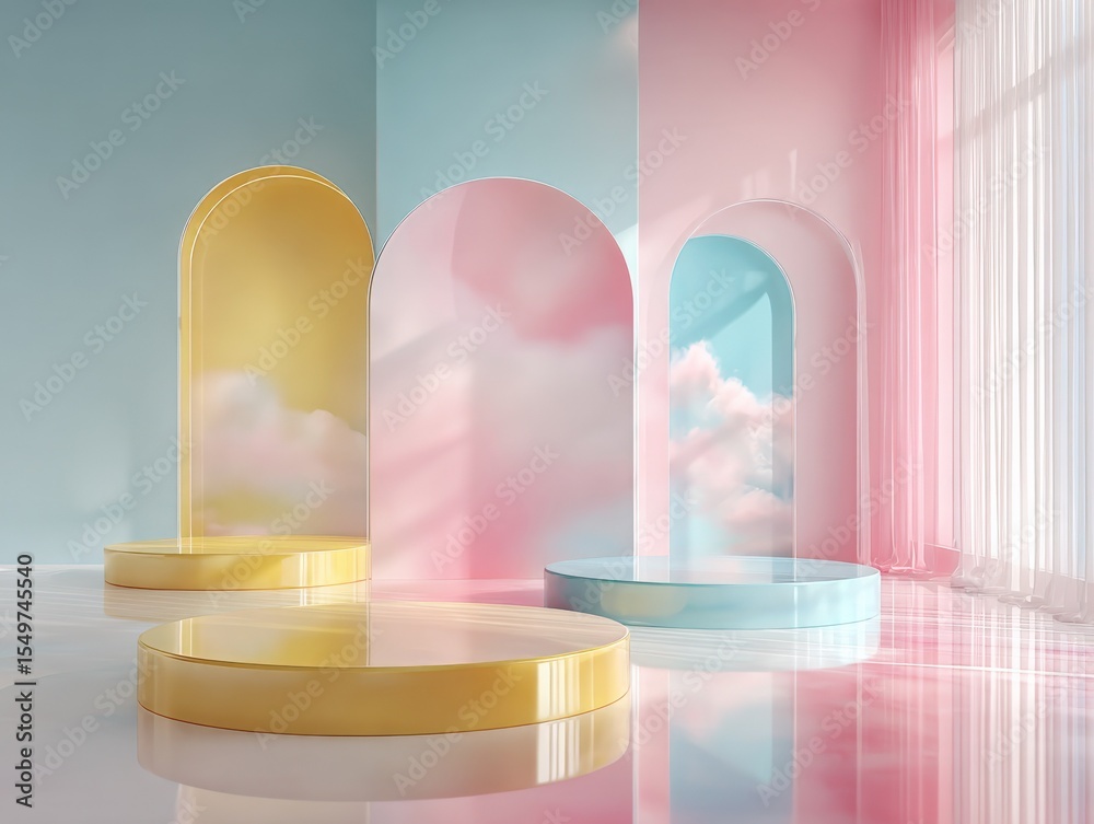 Poster modern colorful minimalist display platforms with pastel arches and reflective surfaces in a bright 