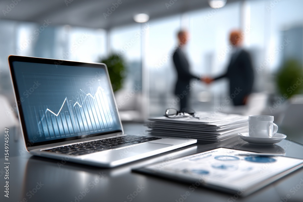 Poster modern business meeting in bright office with laptop displaying financial charts and two executives 