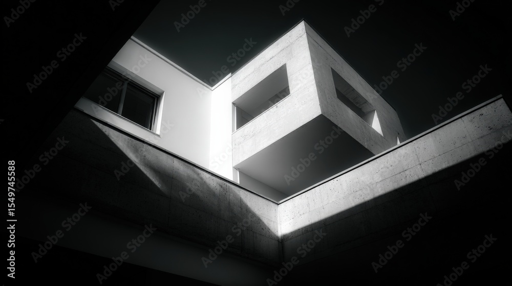 Poster Modern minimalist white concrete building with geometric window shapes and angular lines in black and white architectural photography
