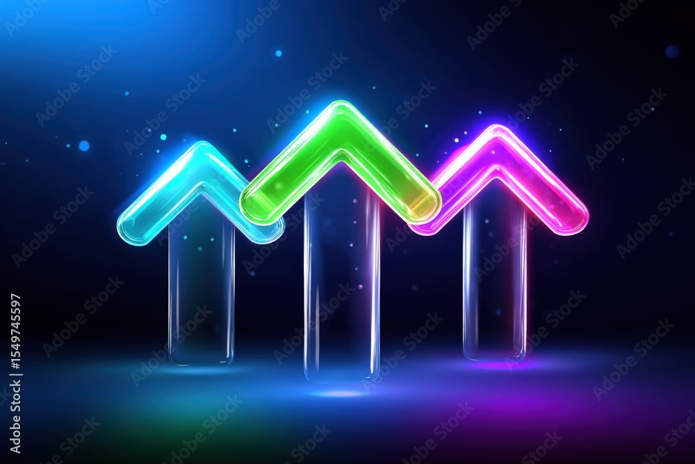 Poster vibrant neon arrow signs pointing upward in various colors on a dark background with glowing effects