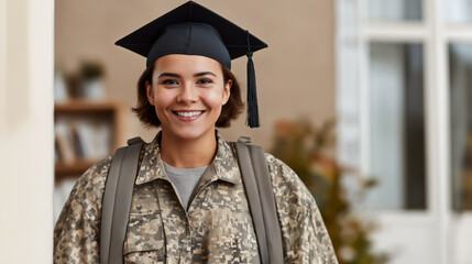 Young Caucasian female soldier with backpack and black graduation cap, GI Bill for college education