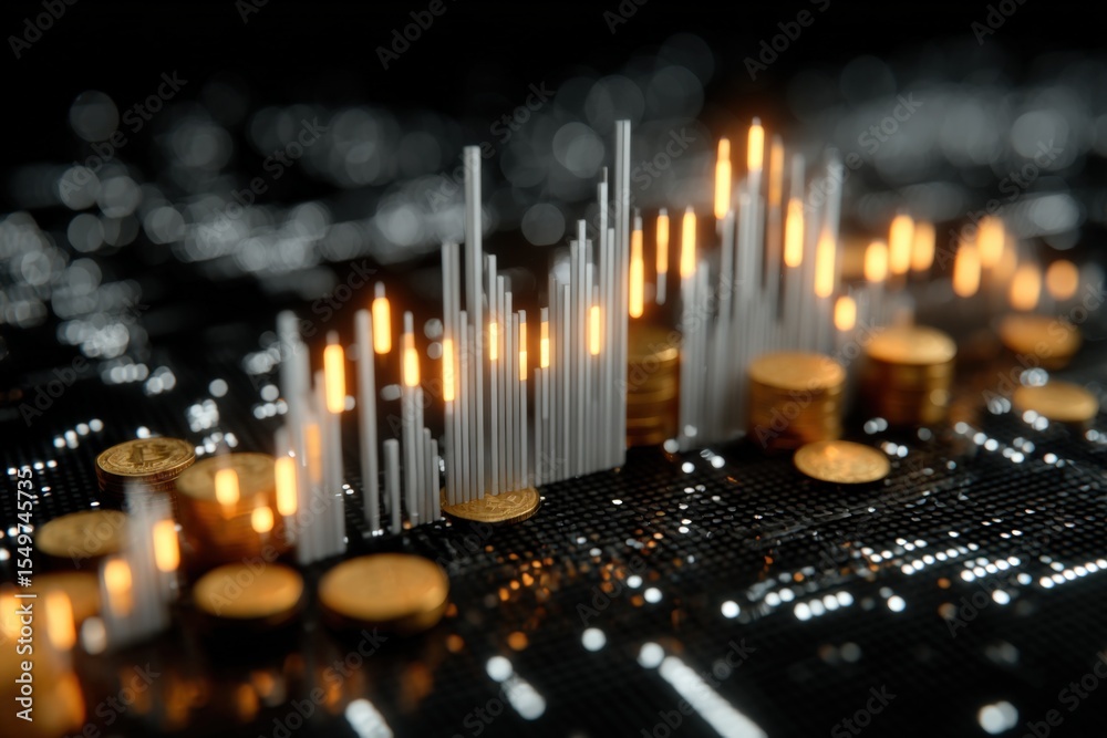 Poster close-up of a digital financial chart displaying stock market data with glowing candlesticks and coi