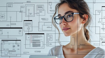 A woman wearing glasses looks thoughtfully at transparent digital interface screens displaying technological and data elements.