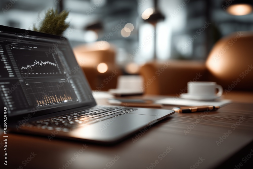 Poster Business Workspace with Laptop displaying financial graphs and analysis on a modern wooden table in a contemporary office setting