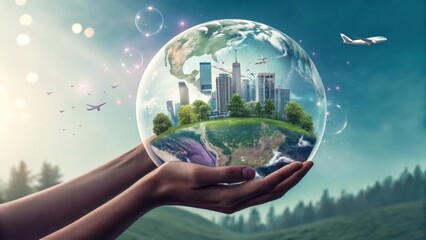 Hands holding a transparent globe containing a cityscape, greenery, and flying airplanes, symbolizing global urbanization and environmental care.