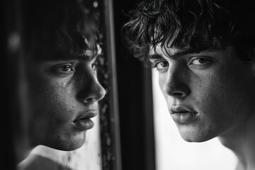 Close-up portrait of two young men, intense expressions