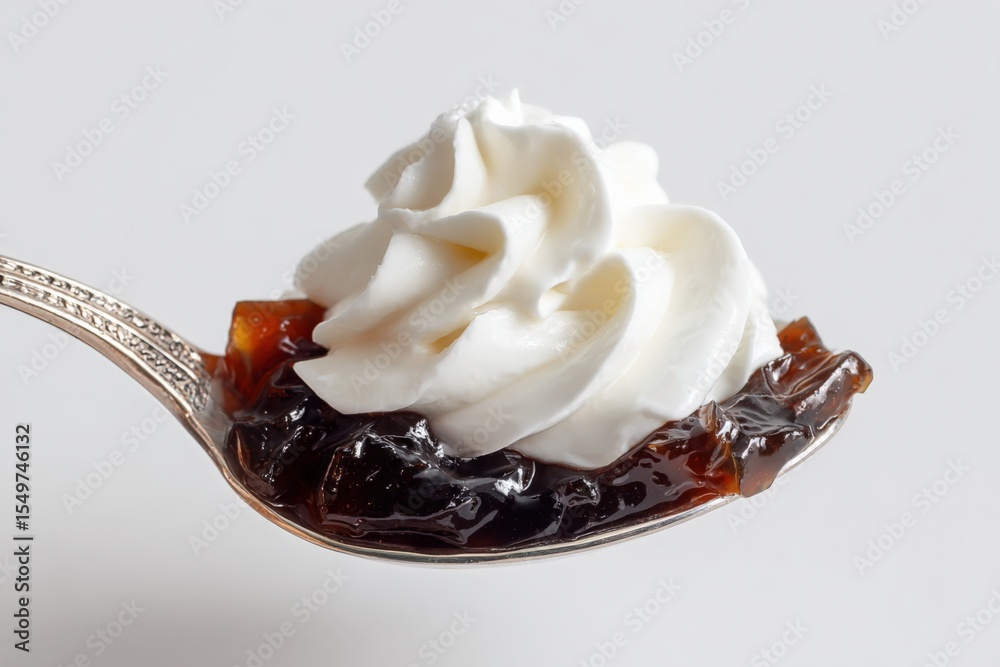 Poster close-up of a silver spoon filled with dark fruit jelly topped with a swirl of creamy whipped toppin