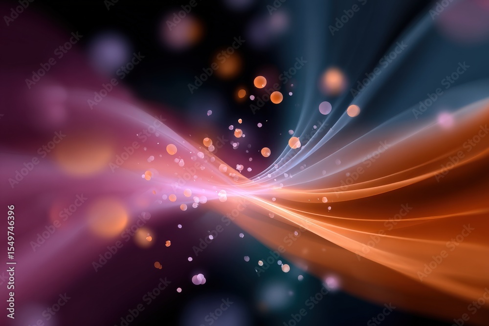 Poster Abstract dynamic waves of colorful light streams with particles and glowing bokeh effects in motion for digital design backgrounds