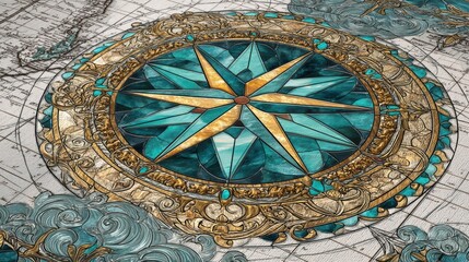 Obraz premium Stained glass artwork of a Ancient compass rose with teal and gold panes on a nautical map background