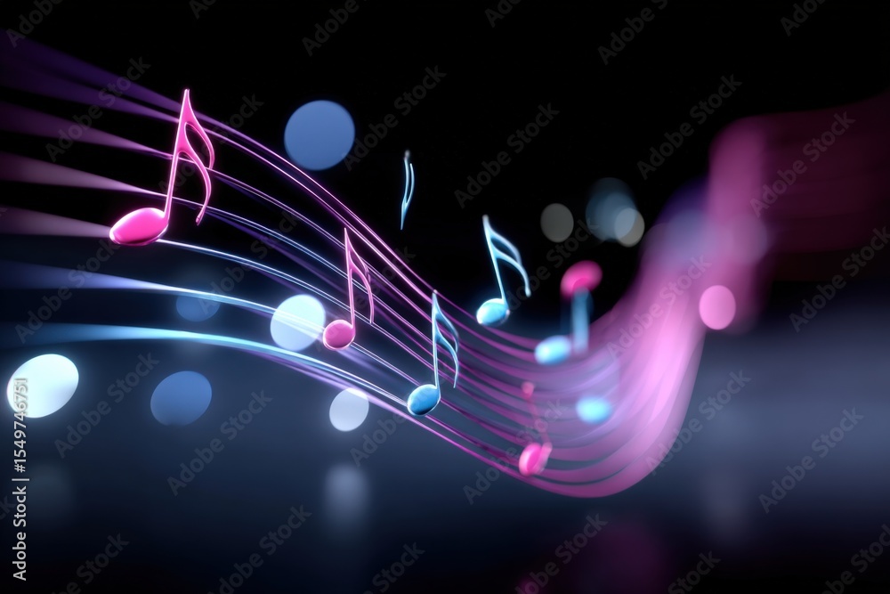 Poster Vibrant abstract music notes and colorful waveforms flowing across a dark background with glowing bokeh effect and illuminated musical symbols