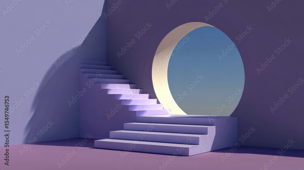 Aufkleber Surreal Minimalist Architecture with Circular Opening and White Stairs Leading to a Sky View in a Modern Abstract Space