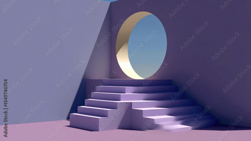 Poster modern minimalist architectural design with circular opening and pastel-colored staircase leading to