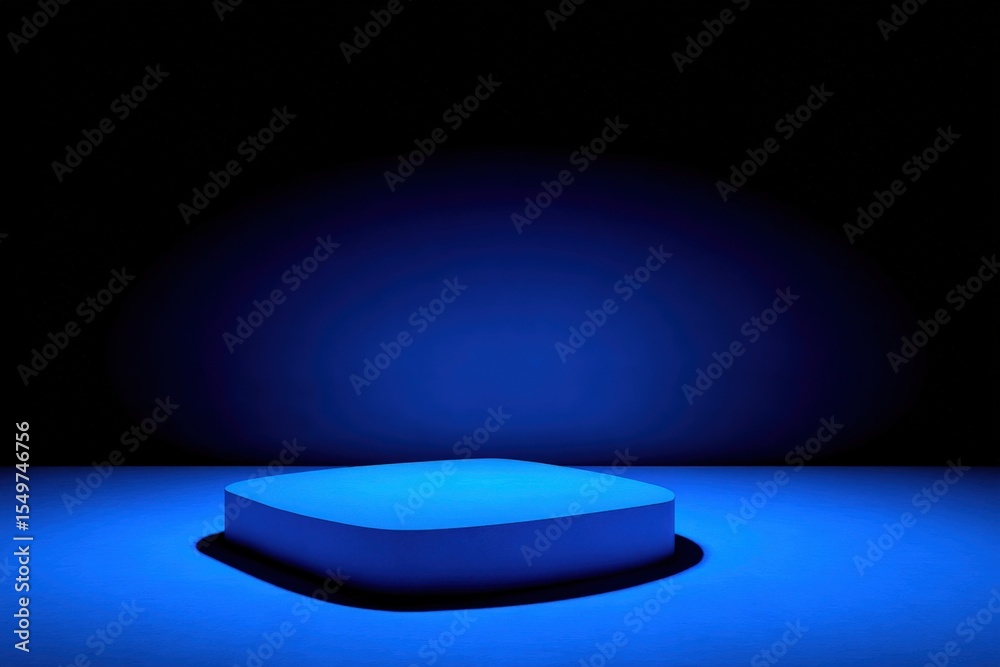 Poster minimalist illuminated stage platform with blue lighting in dark environment suitable for product di