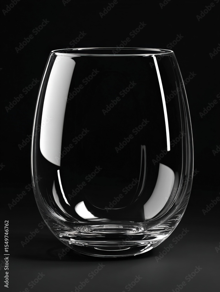 Poster Elegant empty transparent glass vessel with smooth rounded shape and reflective glossy surface isolated on black background