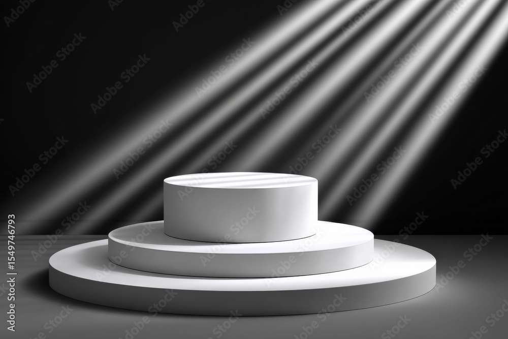 Poster Elegant Modern White Circular Pedestal with Spotlights Highlighting 3D Display Platform for Showcase or Presentation Use