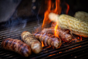 Sausages and Corn on a grill