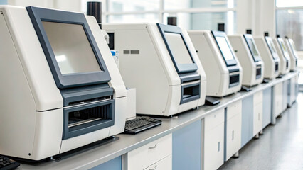Row of modern laboratory machines with touchscreens and keyboards in bright, clean laboratory setting
