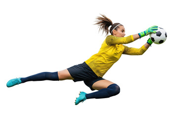 Female goalkeeper diving horizontally to catch soccer ball