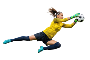Female goalkeeper diving horizontally to catch soccer ball