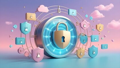 A visual metaphor of financial security showing glowing vaults, floating lock icons, pastel shields, and secure data clouds in motion