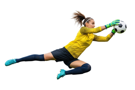 Female goalkeeper diving horizontally to catch soccer ball