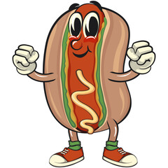 cute hot dog mascot cartoon vector illustration be healthy and strong enough to become a champion, funny fast food character isolated on transparent background, work of hand drawn