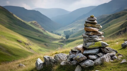 Stone cairn stack on softly blurred mountain pass