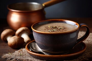 Mushroom soup in brown ceramic mug served on matching saucer with silver spoon against a copper pot and burlap mat
