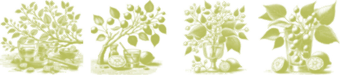 Halftone stipple dotted vector bundle design of linden tree branch with green glass effect, detailed nature illustration, botanical art, textured dot pattern, organic leaf element, fresh foliage