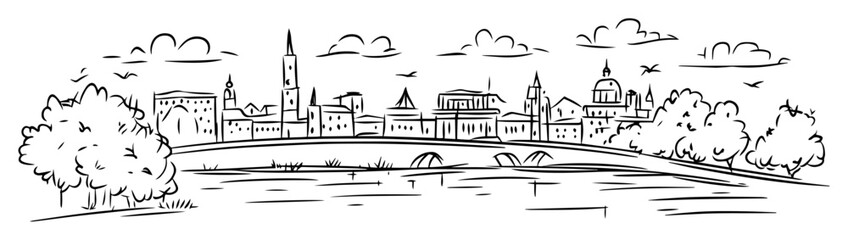 city skyline with riverside park sketch