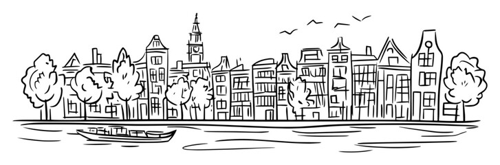 Fototapeta premium amsterdam canal houses and boat sketch