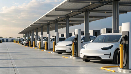 Obraz premium Electric cars charging at modern solar powered charging station under clear sky, showcasing sustainable energy and eco friendly transportation
