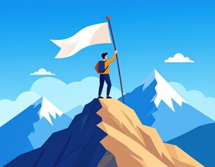person holding white flag on mountain peak summit with blue sky background representing success, achievement and leadership concept illustration