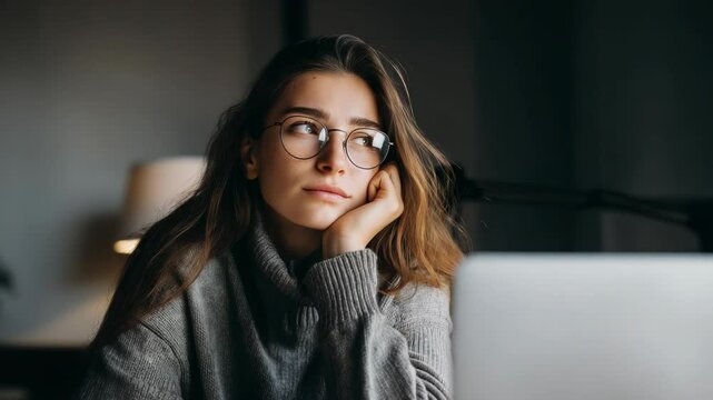 Thoughtful young woman with glasses in deep contemplation at her desk with laptop